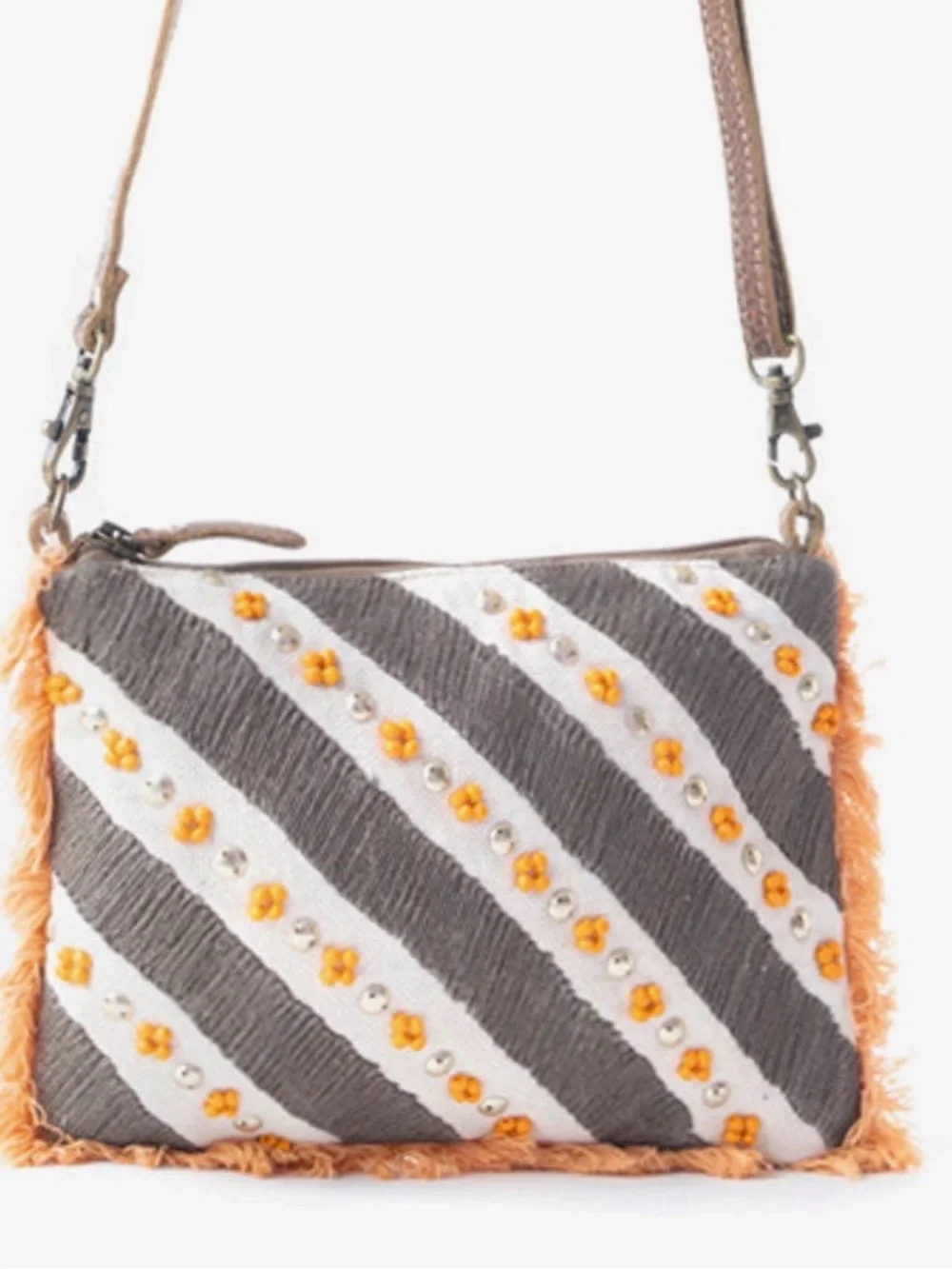 Myra Bag Gray, White & Orange Diagonal Stripe Crossbody